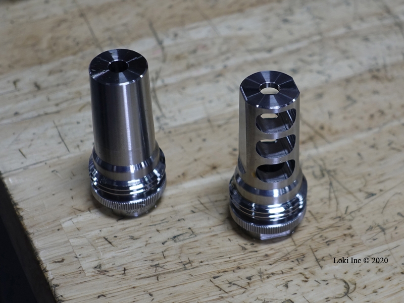 Muzzle devices after first CNC turning center operation (L), with ports cut (R)