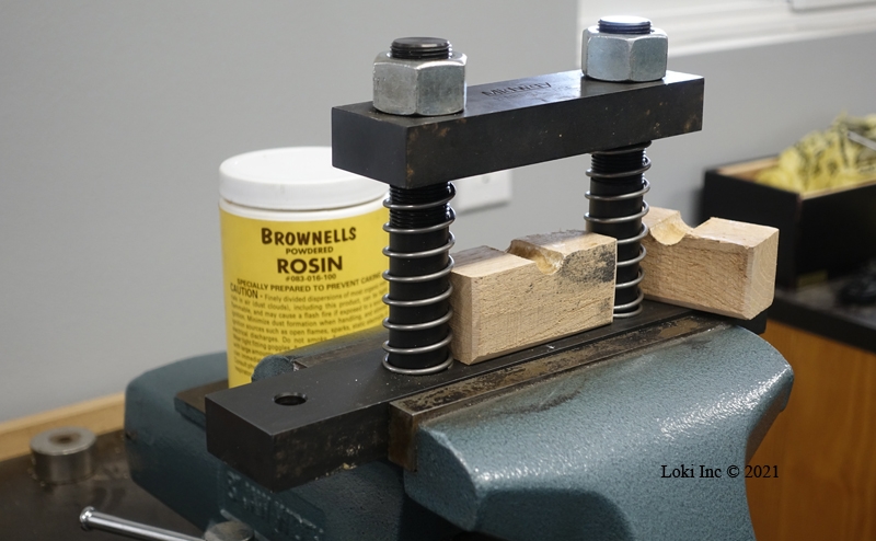 Barrel vise and insert in mechanic's vise, rosin for extra grip with insert