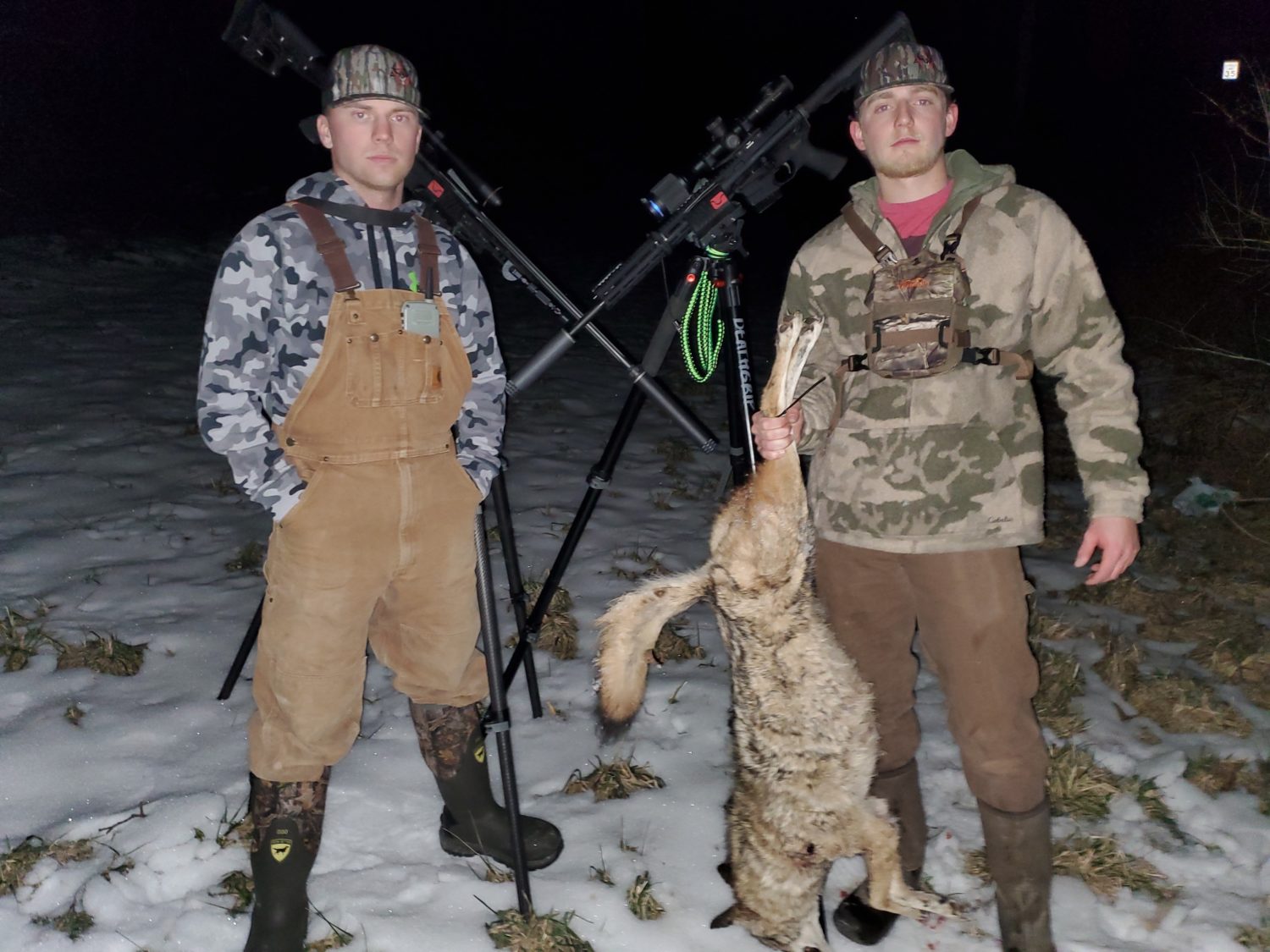Tyler Sams (on left) and Connor Boothe hunting coyotes in West Virginia