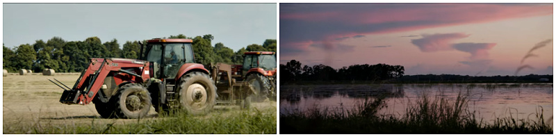 American farmer, tractor and lake