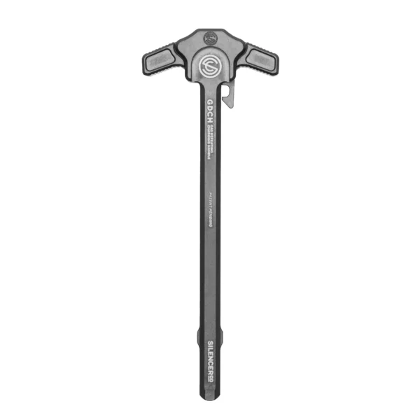 SilencerCo Gas Defeating Charging Handle front view with increased lever throw and new aggressive grip texture.