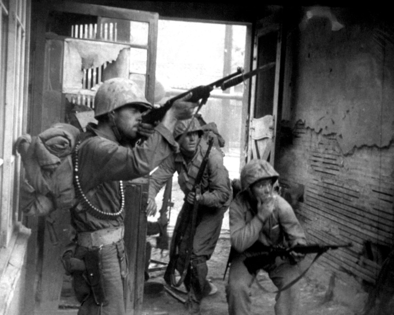 US Marines fire M-1 Carbines in Seoul, South Korea in 1950.