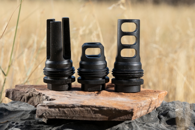 SilencerCo mounting systems- ASR Muzzle Devices left to right: Flash Hider, Single Port Muzzle Brake, and Three Port Muzzle Brake.