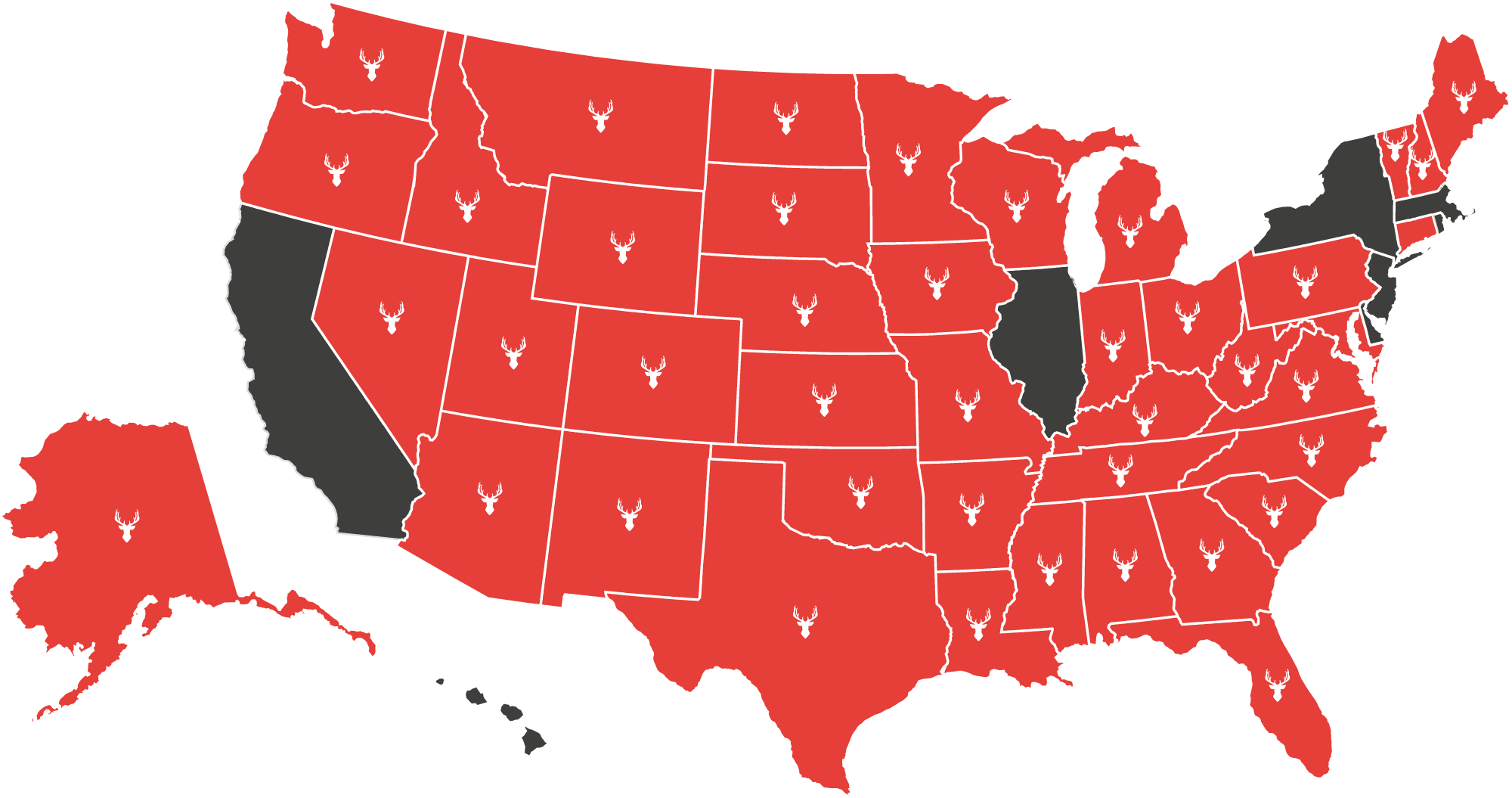 map of the 42 states in the USA where silencers are legal