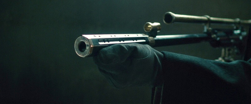 fictional suppressor attached to Martini-Henry rifle in Sherlock Holmes: A Game of Shadows