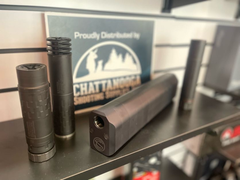 SHOT Show 2024: SilencerCo cans on display at the Chatanooga Shooting Supplies booth.