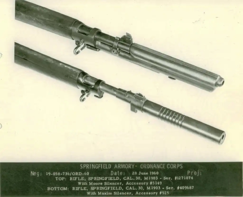 military suppressors - M-1903 Springfield rifles with the Moore and Maxim Silencers. (Springfield Armory Museum)