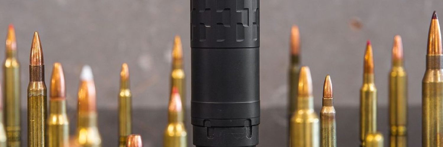 suppressor caliber compatibility cover image. Many cartridges surrounding a SilencerCo Suppressor