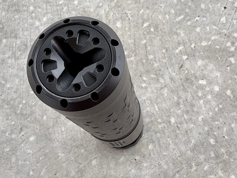 On the front end of the SliencerCo Velos LBP 762 is an inverted Charlie muzzle device. This breaks up the flow of gasses inside the suppressor without directing it directly back on itself.