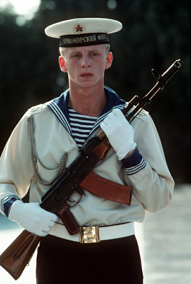 A Soviet sailor with an AK pattern rifle. (National Archives)