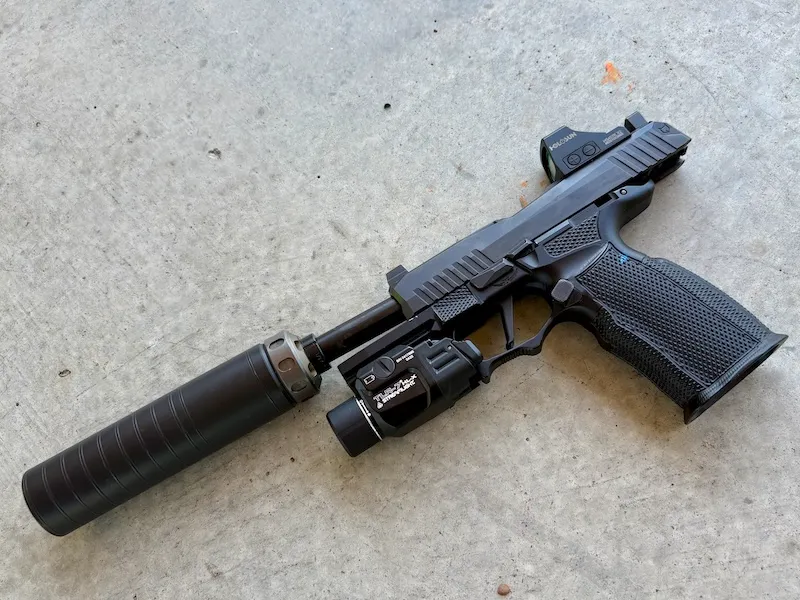 P365, Icarius frame, Lone Wolf slide, with pistol suppressor, weaponlight, and red dot sight