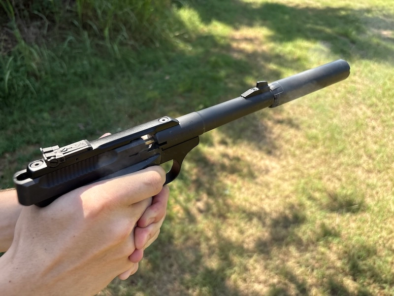 Note how the recoil from this CCI Quiet .22 is pushing the slide back, but not all the way. This is common with subsonic ammo.