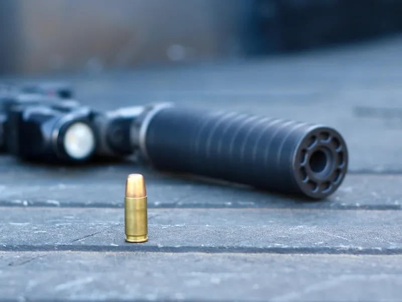 9mm flat top round of ammo in front of a SilencerCo suppressor on a Glock handgun