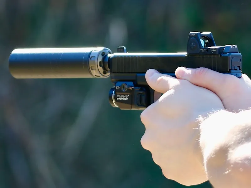 Glock suppressed - While I’m most interested in noise reduction, I like the Spectre 9’s almost imperceptible lightweight design, too. This has fast become my favorite of SilencerCo’s pistol cans.