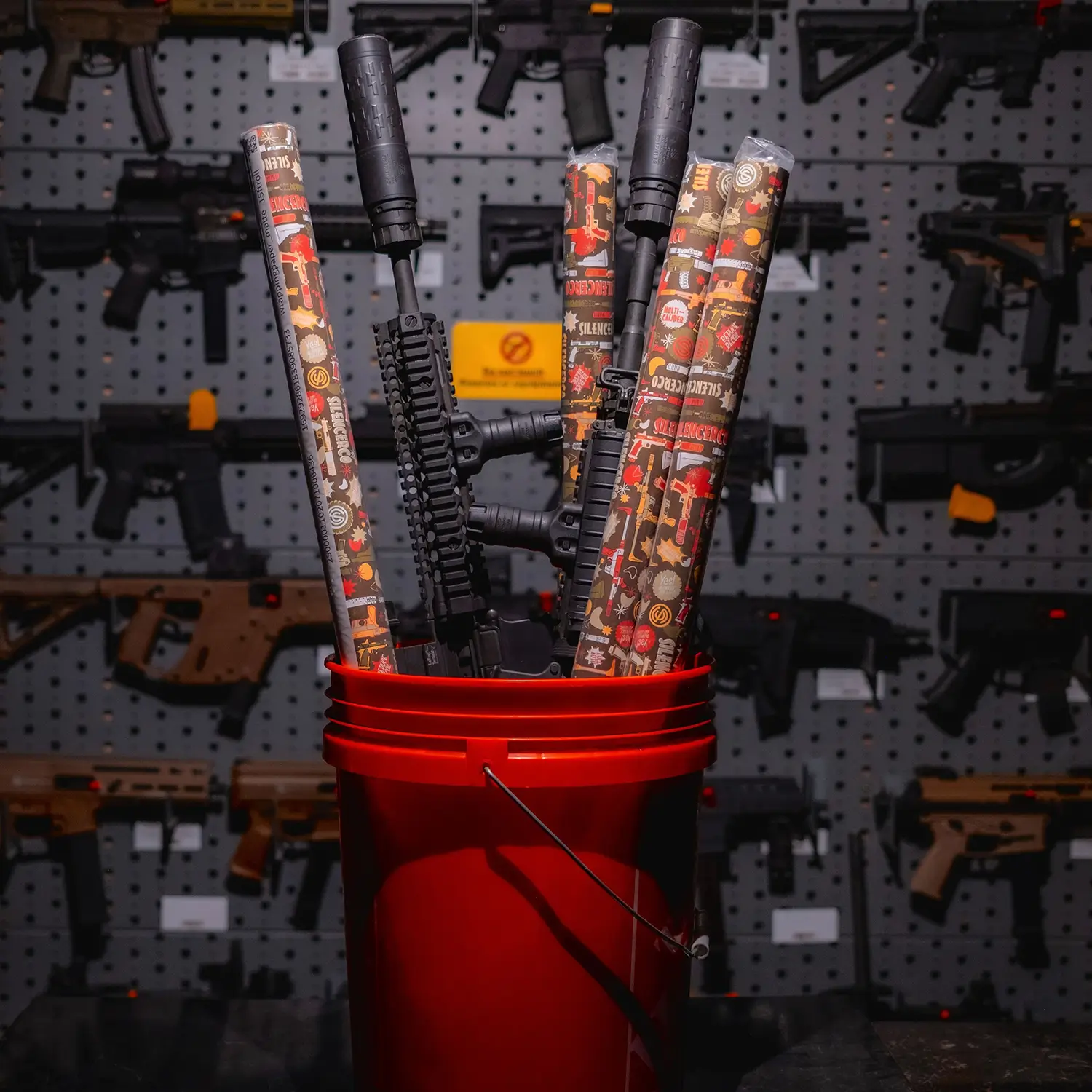 Rolls of SilencerCo Wrapping Paper displayed with guns in a bucket.