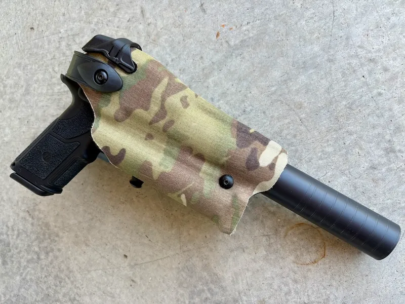 Functional pre-production Safariland 6TS suppressor holster with handgun and Spectre 9 suppressor