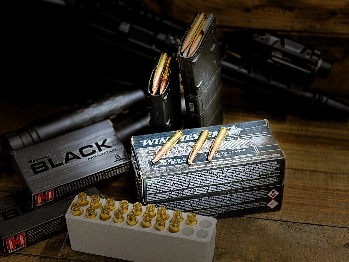 .300 Blackout ammunition with mags and suppressor