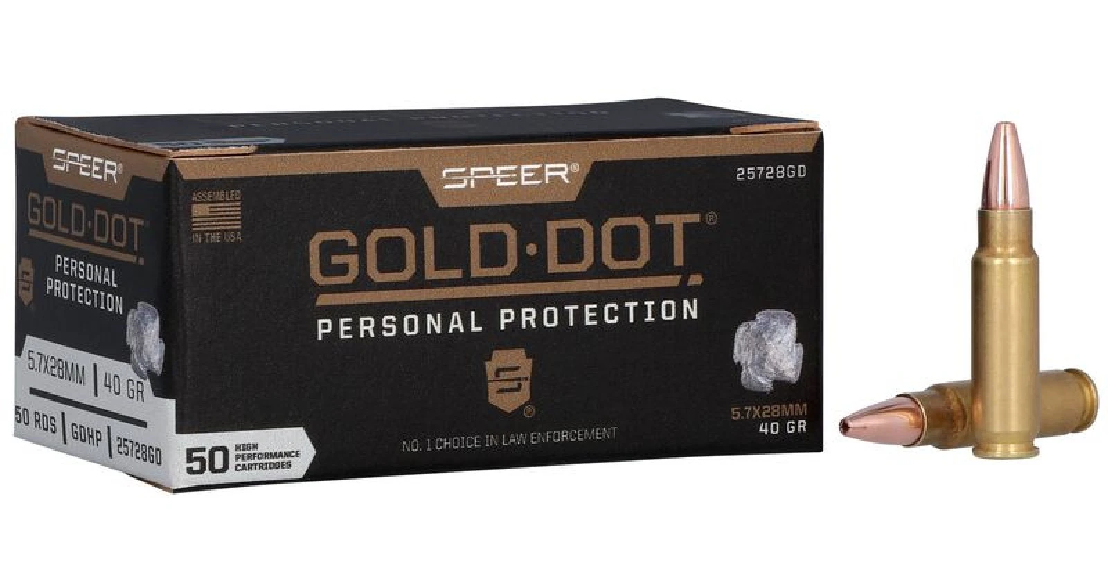 5.7x28mm Speer Gold Dot ammo box and cartridges