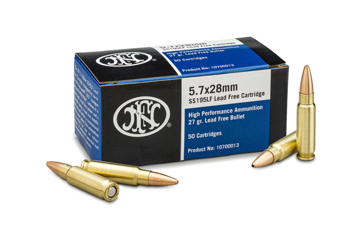 FN SS195LF 5.7x28mm 27 grain lead free ammo box and cartridges
