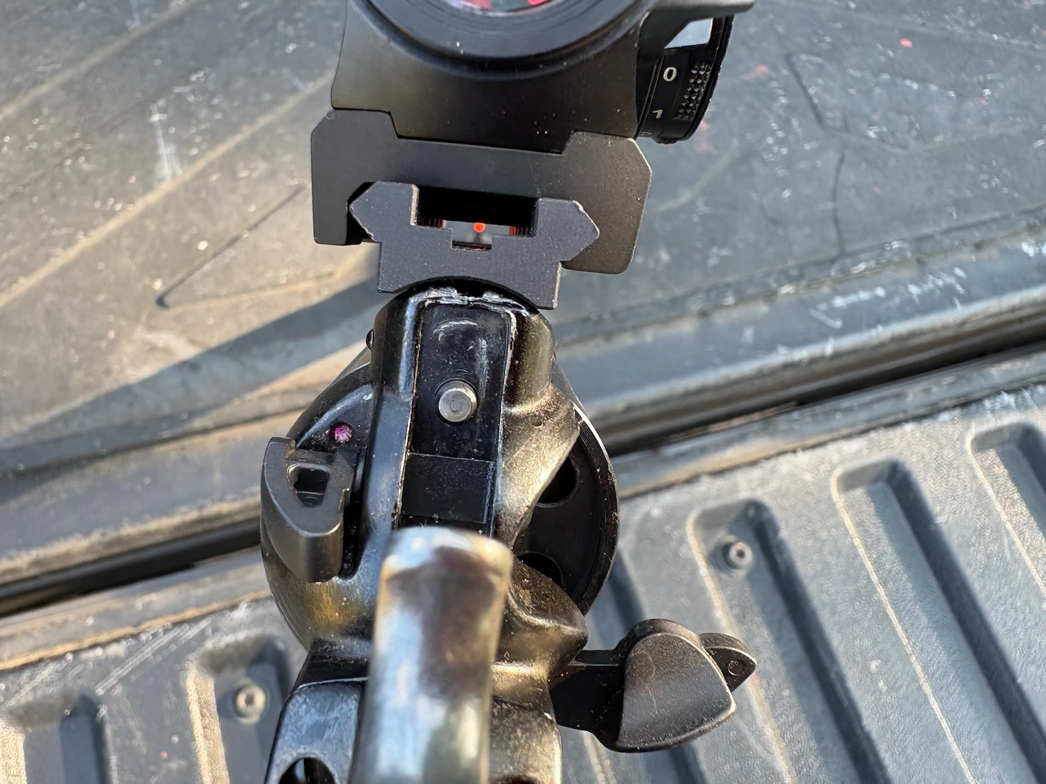 shooters view of the Heritage rough rider tactical cowboy revolver showing how the front sight is visible under the optic