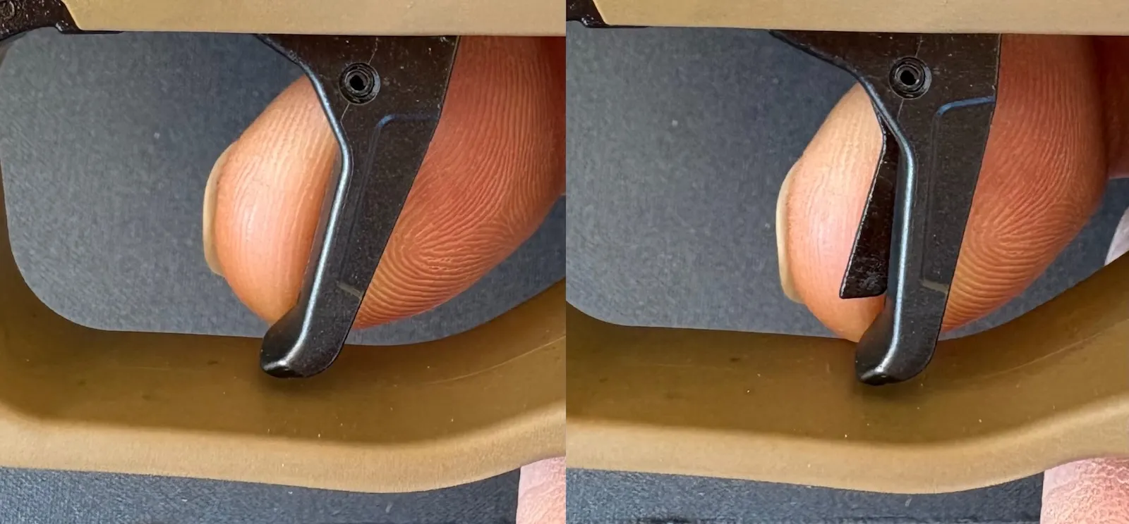 p385 trigger is at rest (left), the safety is covered. When the shoe is partially pulled back (right), you can see how the safety stays in place.