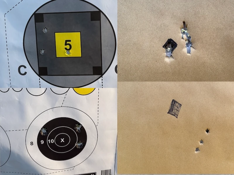 Paper targets showing .44 Magnum and .45-70 shot groups